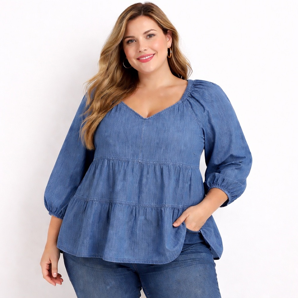 Old Navy Chambray Peasant Babydoll Blouse Top XXL Boho Prairie Coastal Cowgirl